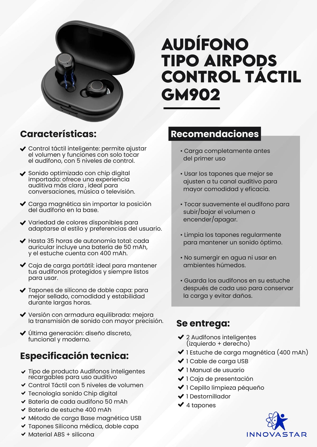 Audífono tipo AirPods control táctil IN902