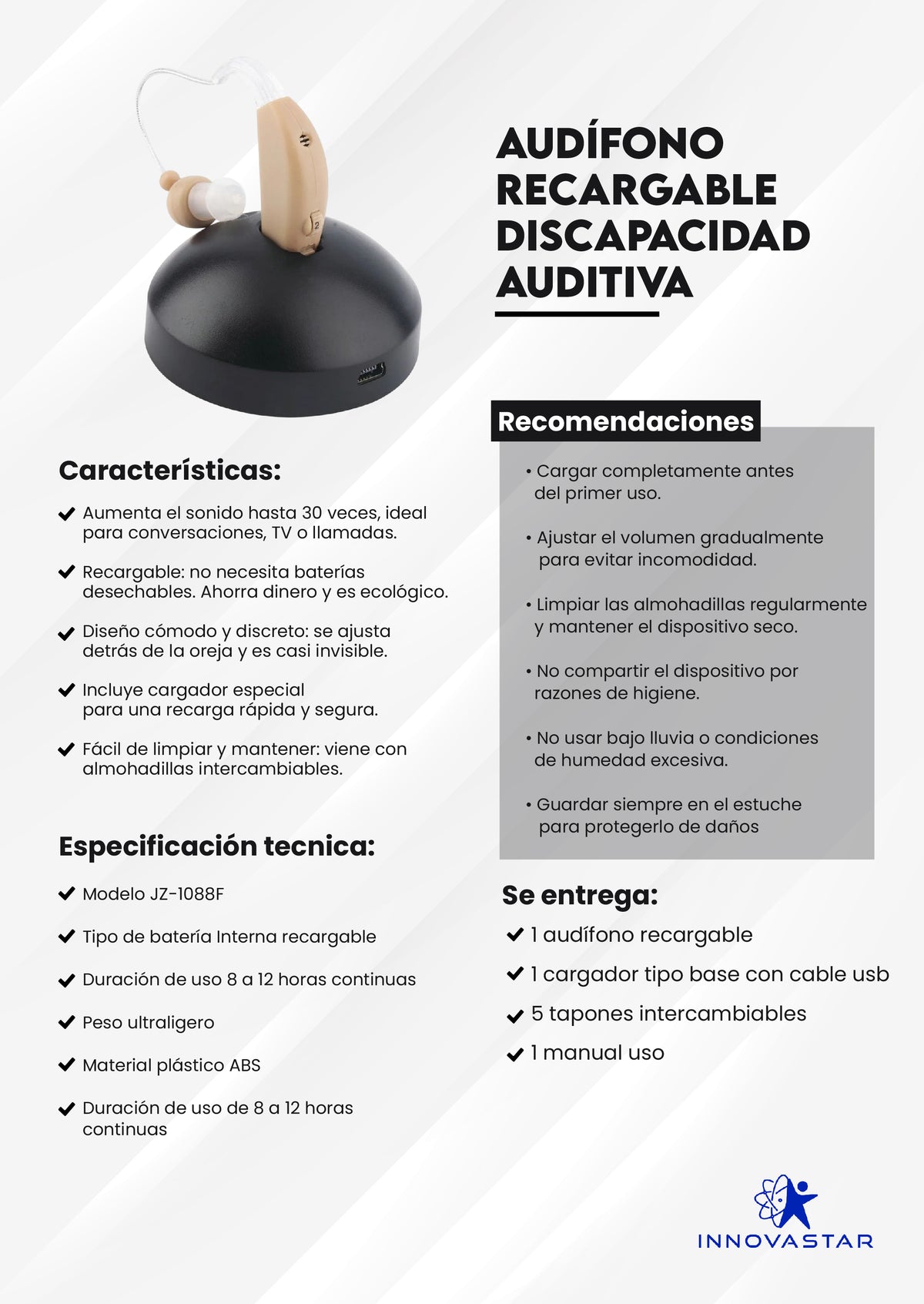 Audífono discapacidad auditiva recargable