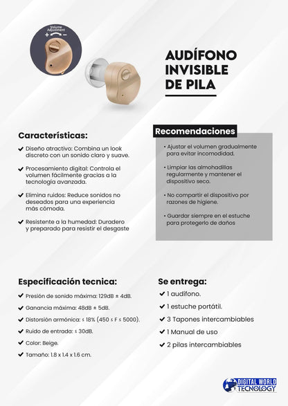 Audífono Invisible de Pila · ficha técnica